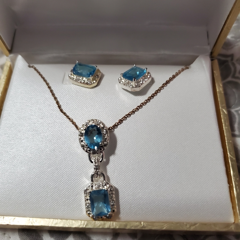Simulated blue topaz earrings and necklace set